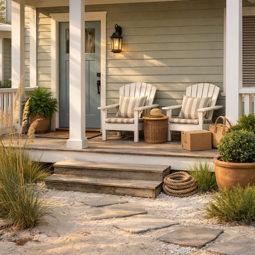 Coastal Northwest Florida home porch with sandy landscaping and sea oats in soft late-morning light