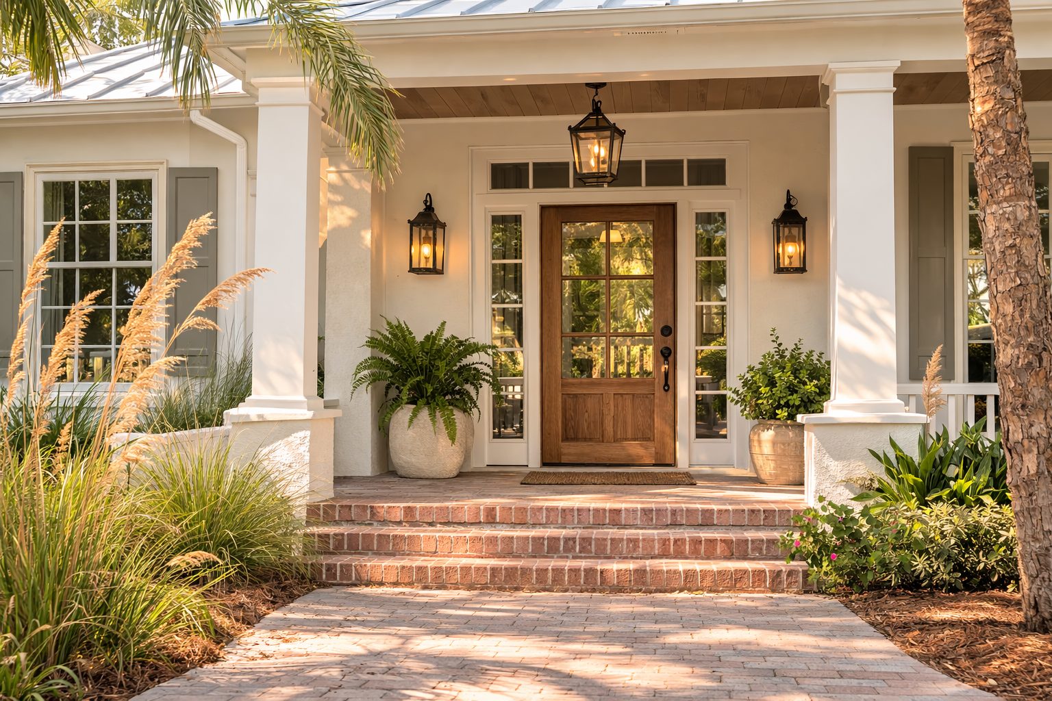 Northwest Florida stucco coastal home with veranda, brick steps, and sandy landscaping in late-morning light