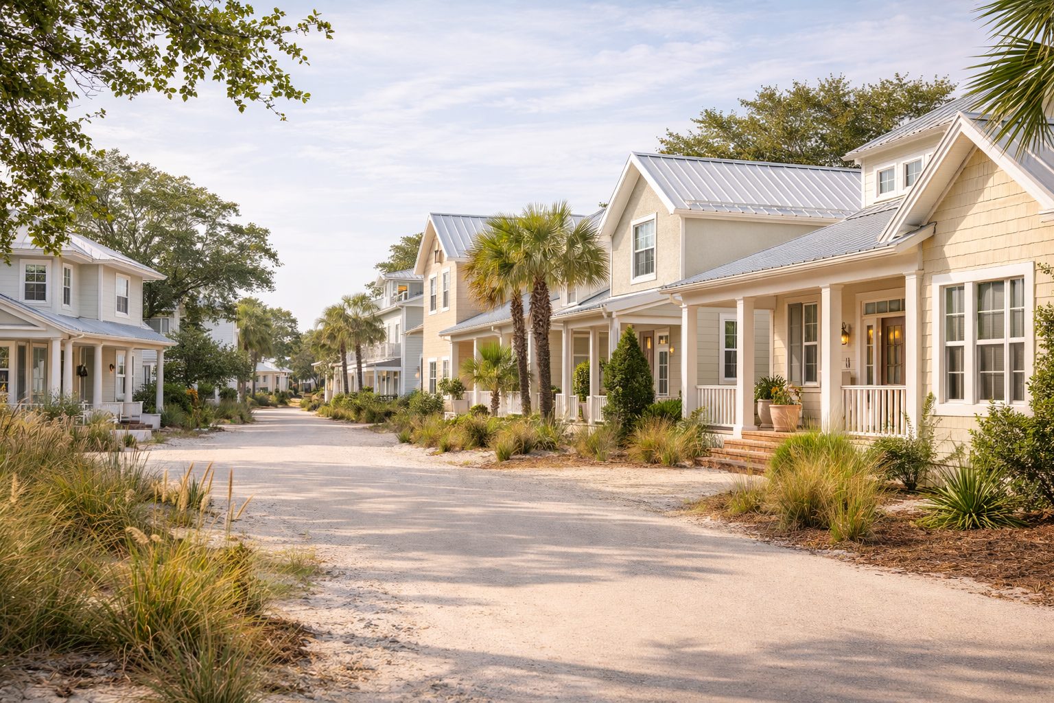 Northwest Florida coastal neighborhood with metal roof homes and sandy landscaping in late-morning light