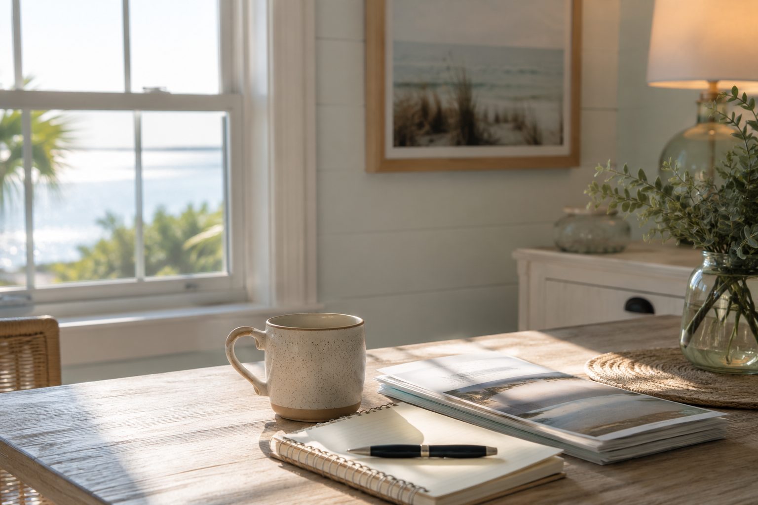 Coastal home interior with soft natural light and a quiet reflective setting