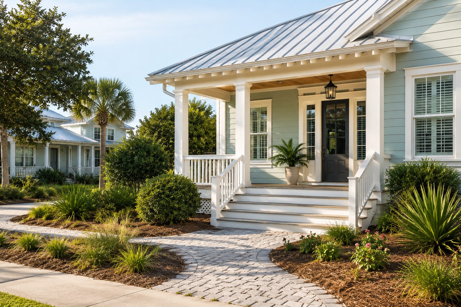 Northwest Florida coastal home with sandy landscaping in soft late morning light