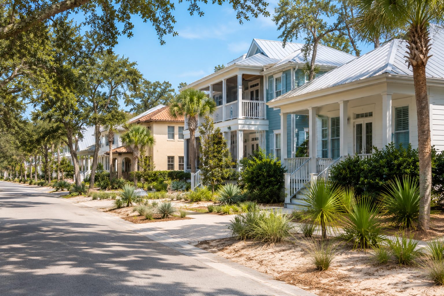 Northwest Florida coastal neighborhood with metal roof homes and native landscaping