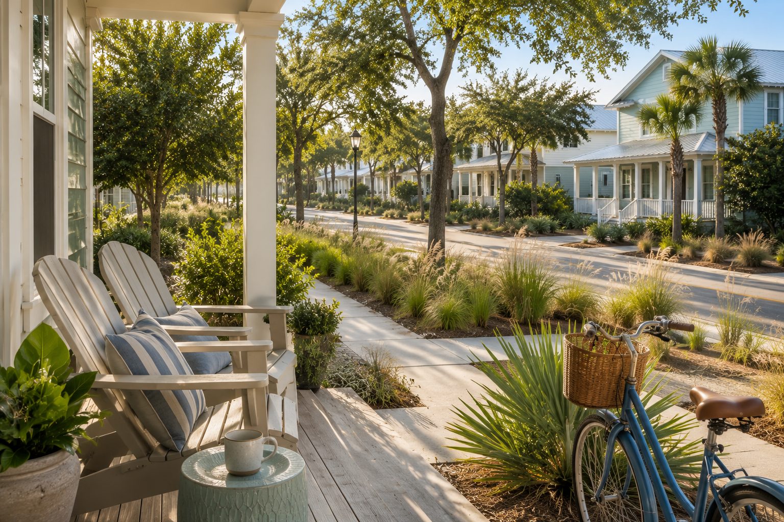 Northwest Florida coastal neighborhood porch and sidewalk in warm afternoon light