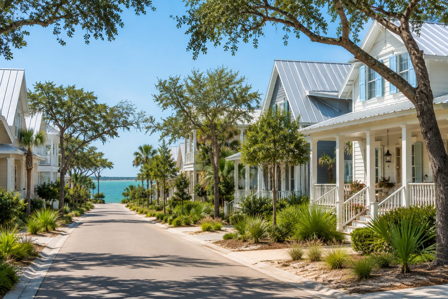 Northwest Florida coastal neighborhood leading toward the Gulf in soft morning light