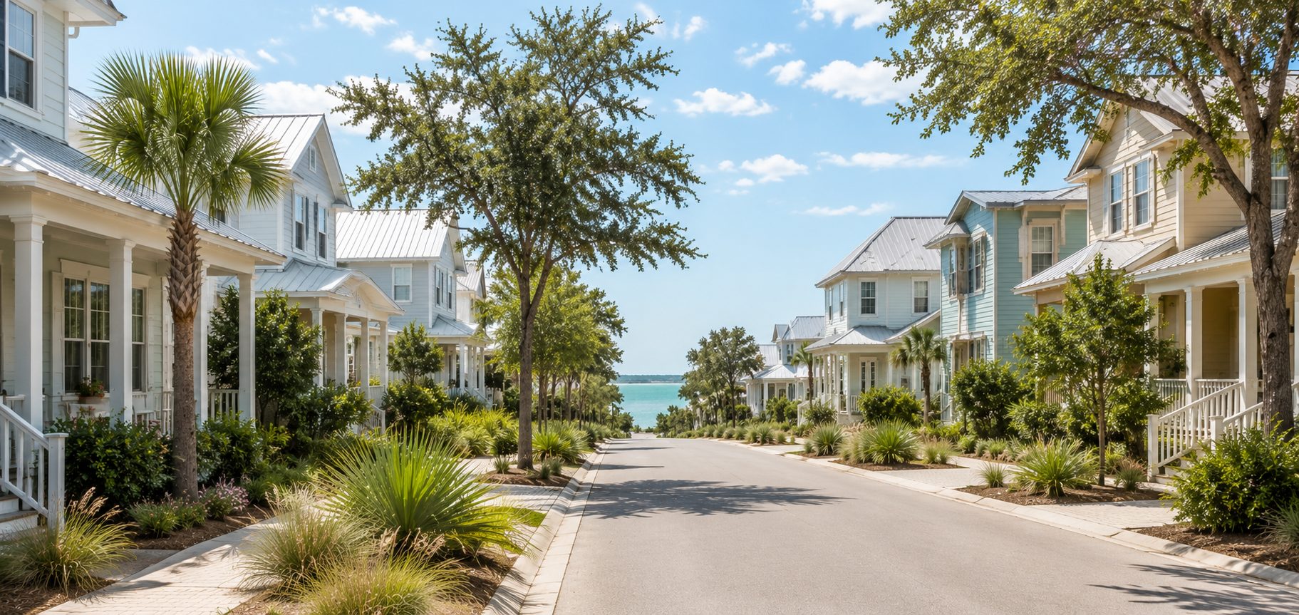 Northwest Florida coastal neighborhood with a distant glimpse of emerald water