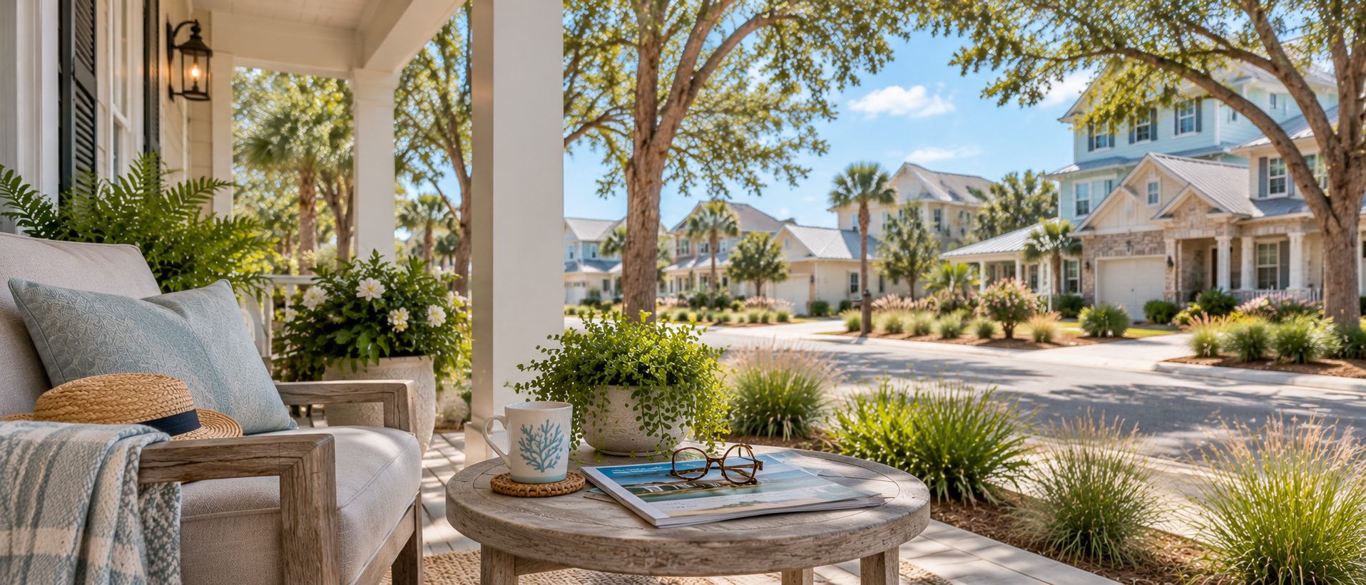 Northwest Florida coastal porch with coffee and home information for planning a future move