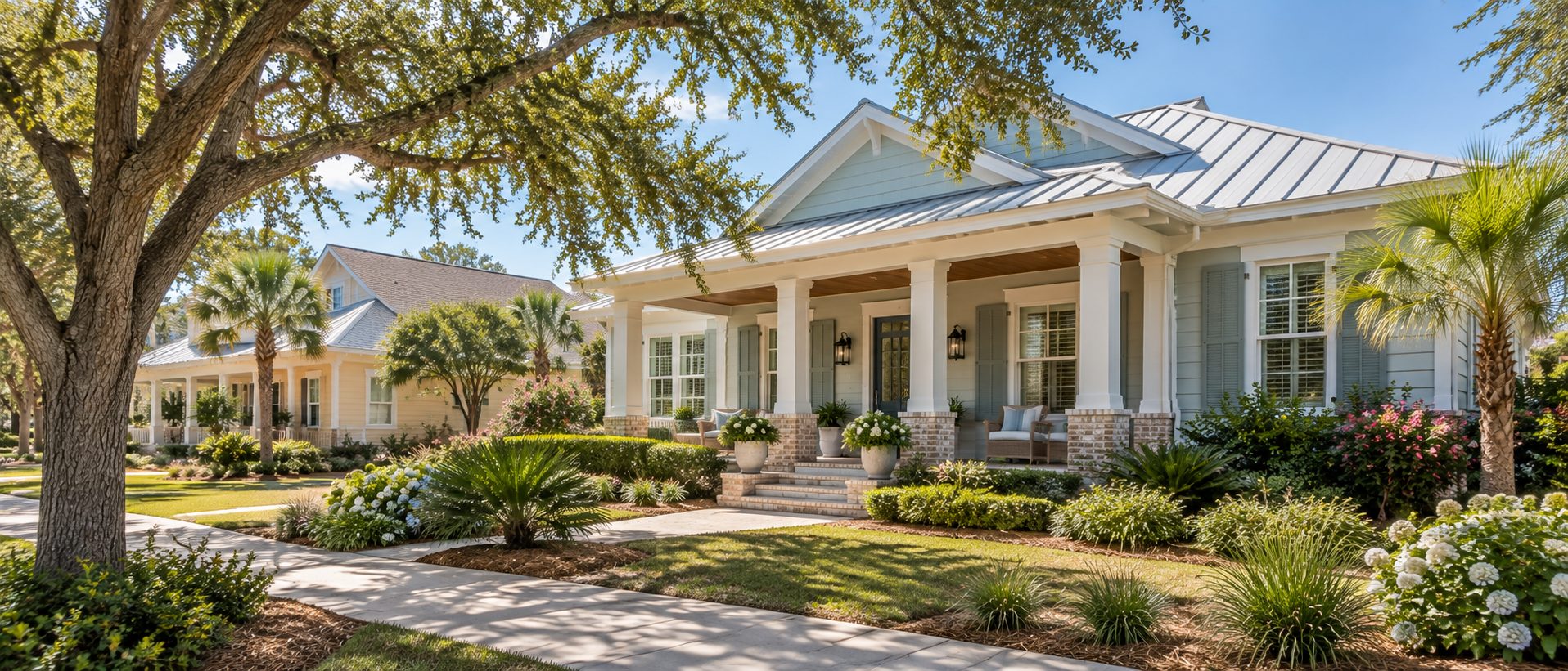 Established Northwest Florida coastal home with a welcoming porch, brick accents, and mature live oak