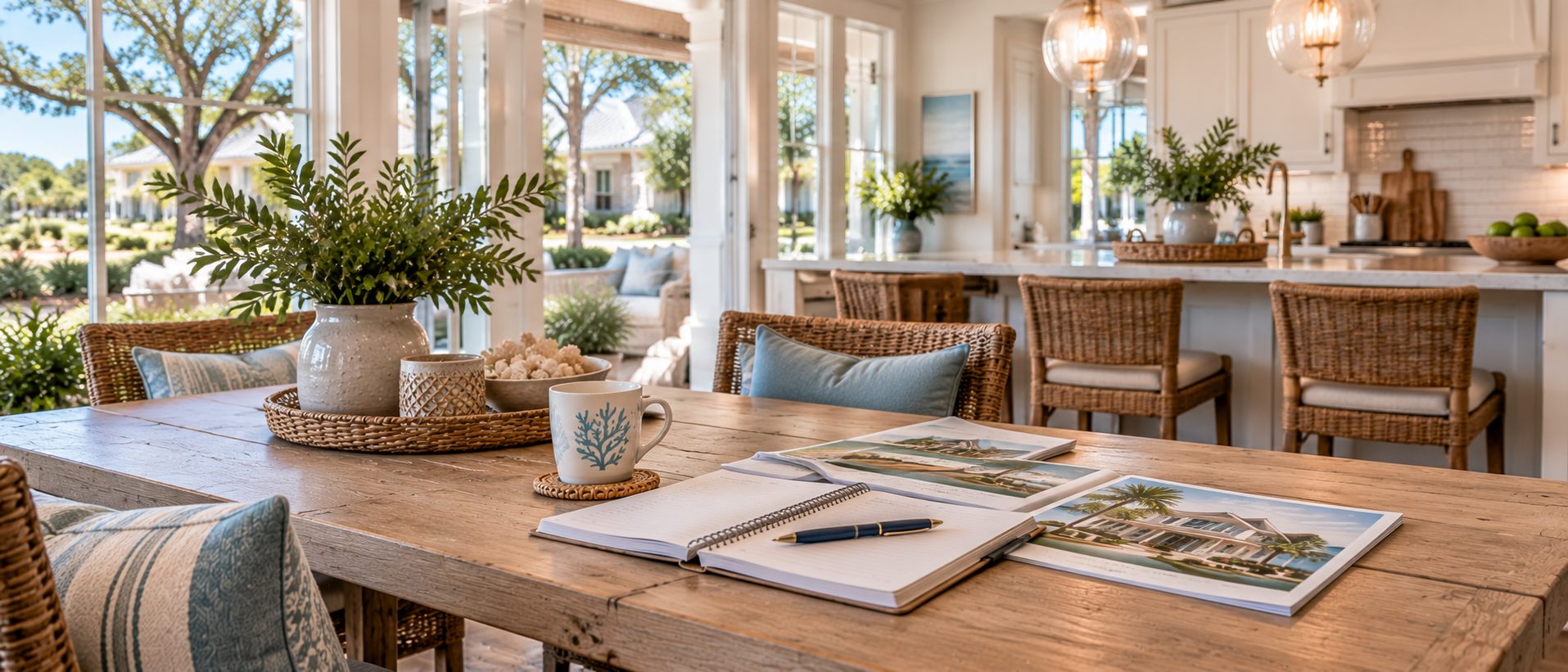 Coastal Florida dining table with notebook and property information for planning a home sale and purchase